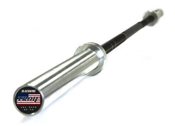 The "TROY Black Wingbar" 7' long. 28mm bar shaft. Medium knurling. Bright Zinc pated.  Black oxide finish. 213,300 P.S.I. 16.50" of loadable sleeve length. Double snap ring. Bronze oil impregnated bushing.