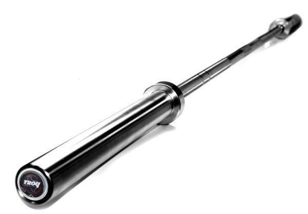 The TROY Power bar 7’ long. 28mm bar shaft. Aggressive knurling. Bright Zinc plated. 206,100 P.S.I. 16.50” of loadable sleeve length. Double snap ring. Bronze oil impregnated bushing.